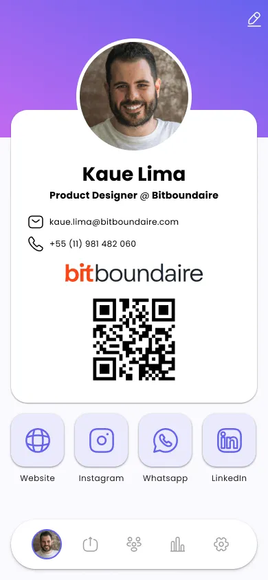 The Smartcard home screen: profile, contact details, QR code and link buttons